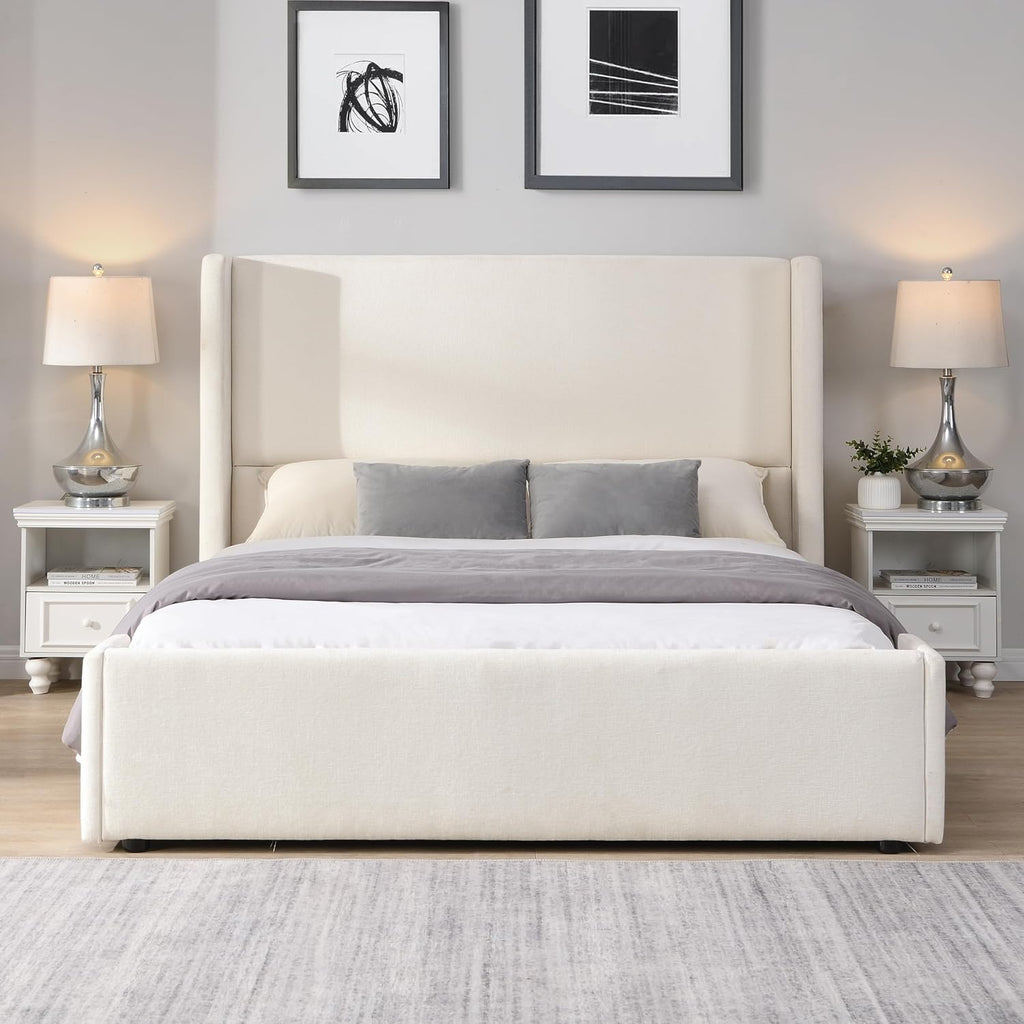Merax Queen Size Bed Frame, Elegant White Upholstered Platform Bed with 41.1' Tall Wingback Headboard for Bedroom, Solid Wood Slats Support, No Box Spring Needed, Easy Assembly