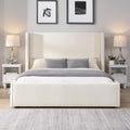 Merax Queen Size Bed Frame, Elegant White Upholstered Platform Bed with 41.1' Tall Wingback Headboard for Bedroom, Solid Wood Slats Support, No Box Spring Needed, Easy Assembly