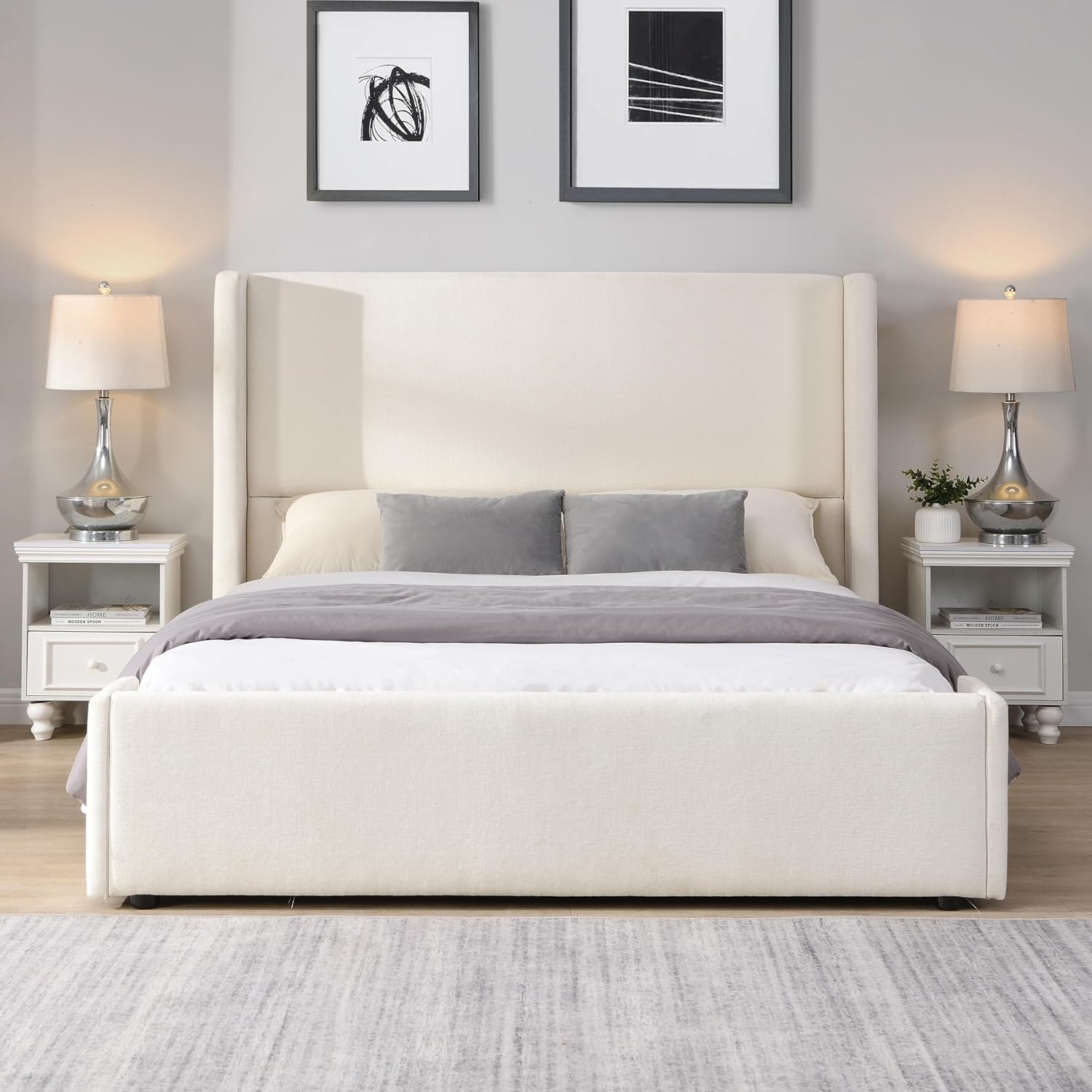 Merax Queen Size Bed Frame, Elegant White Upholstered Platform Bed with 41.1' Tall Wingback Headboard for Bedroom, Solid Wood Slats Support, No Box Spring Needed, Easy Assembly