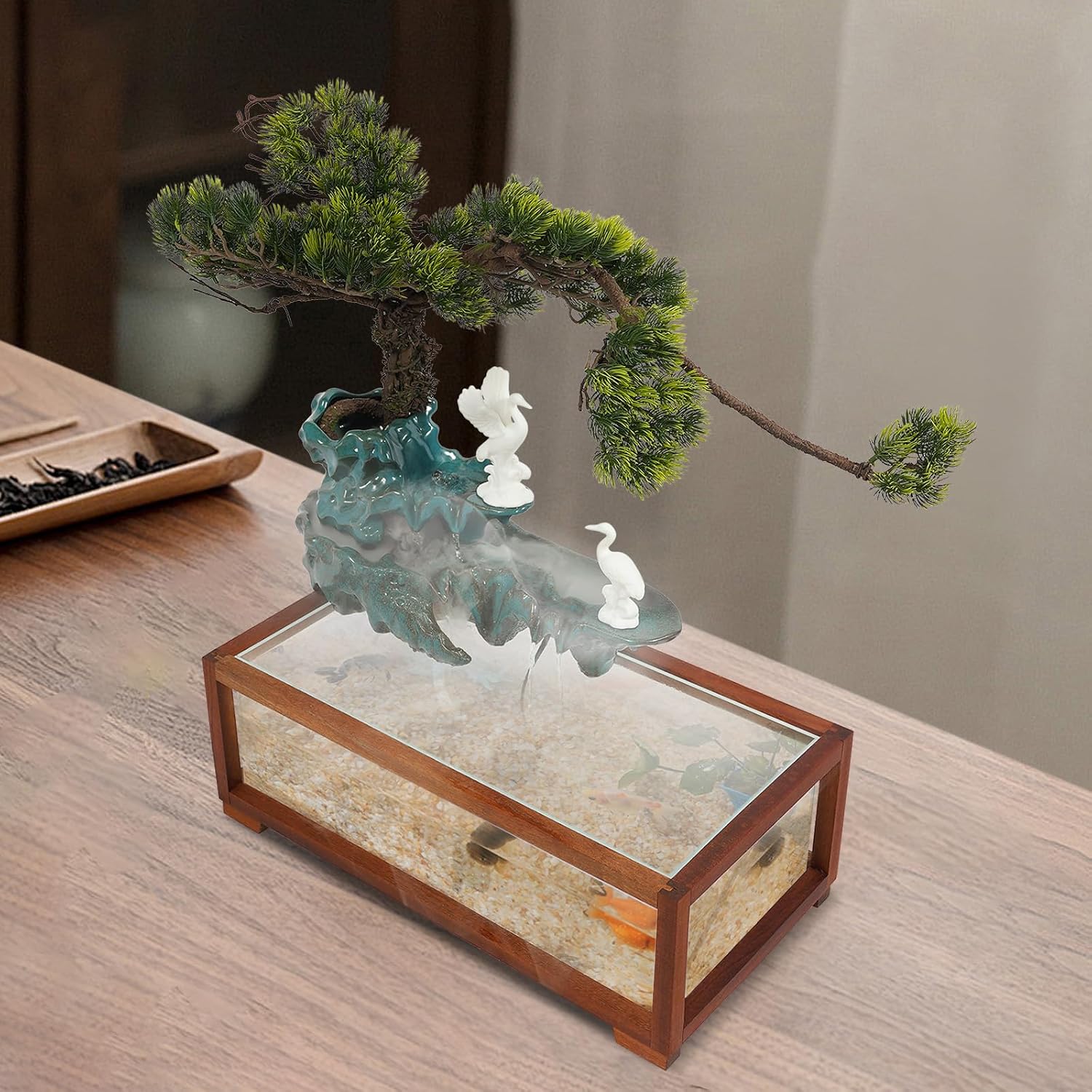 Desktop Waterfall Fountain with Fish Tank, Ceramic Statues, Rockery Bonsai Humidifier with LED Light, Indoor Tabletop Fountains, Aquariums, Plant for Home Office Desk Decor (Style 1)