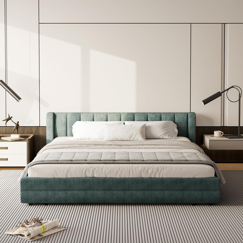 DEINPPA King Size Bed Frame with 4 Storage Drawers and Cloud Soft Headboard, Chenille Upholstered Grounded Wood Base Bed Frame, No Box Spring Needed-Blue+Green