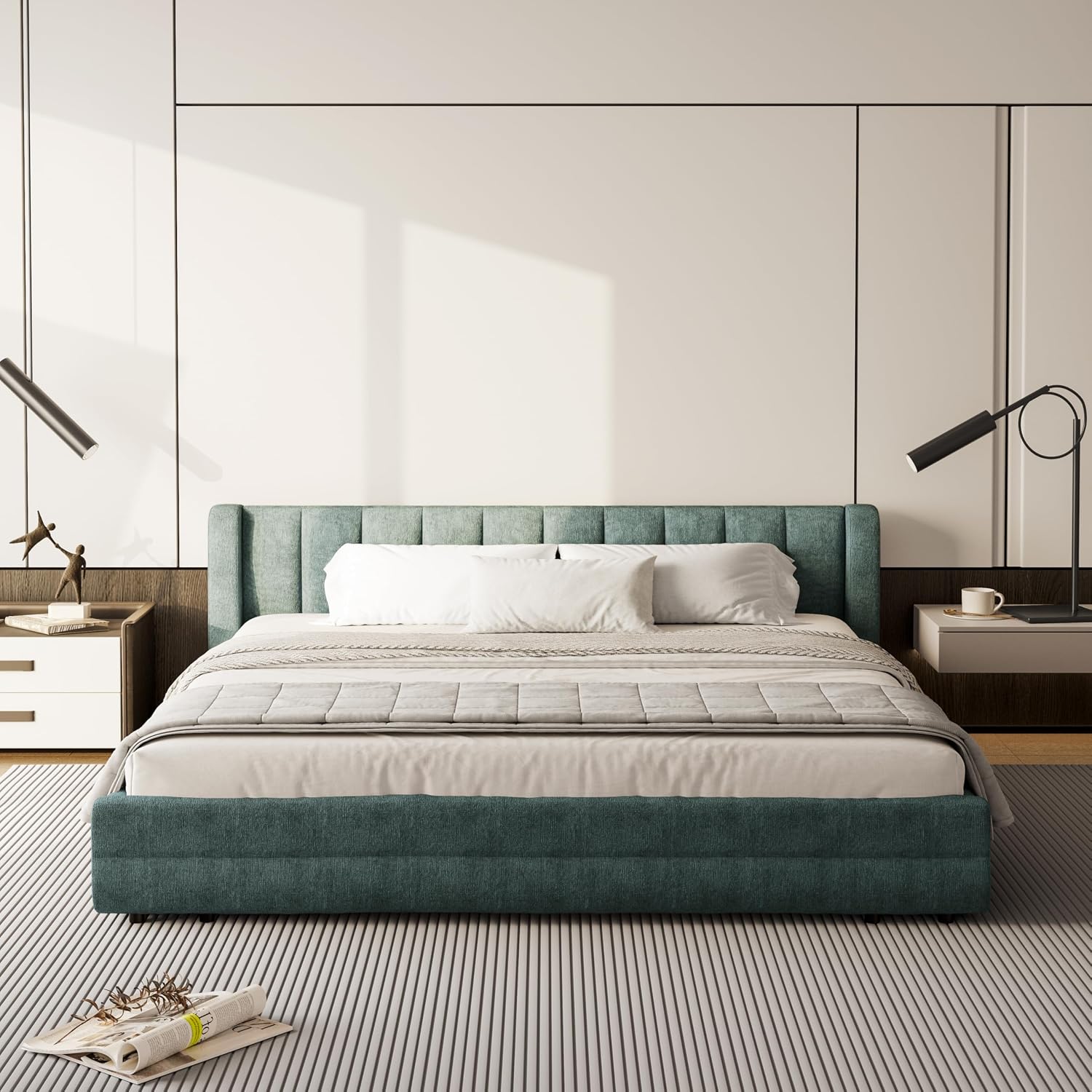 DEINPPA King Size Bed Frame with 4 Storage Drawers and Cloud Soft Headboard, Chenille Upholstered Grounded Wood Base Bed Frame, No Box Spring Needed-Blue+Green