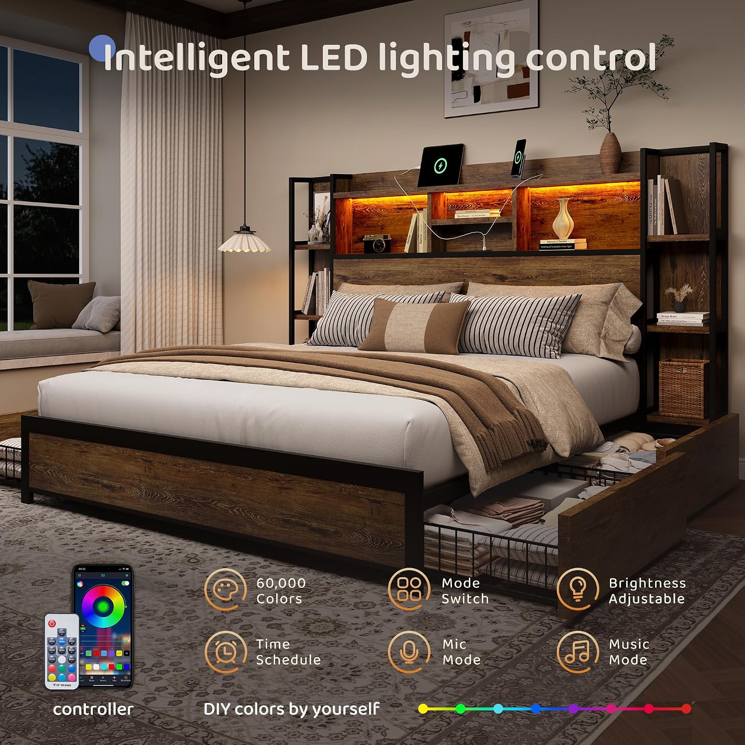 BRELTAM King Size Bed Frame with 4 Storage Drawers and Headboard Featuring Shelf Storage, Wooden Platform Bed Frame with LED Lights and Charging Station, Easy Assembly/No Box Spring Needed/Brown