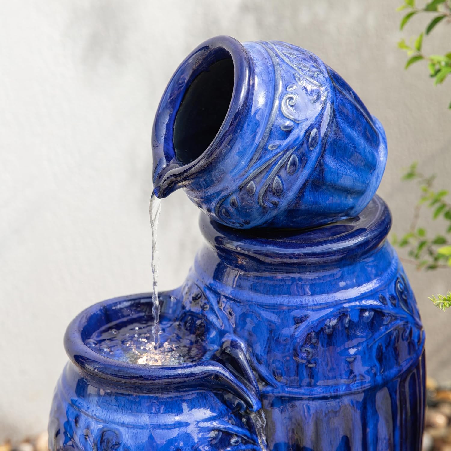 Glitzhome Water Fountain Outdoor with LED Lights, 4-Tier Ceramic Pots Outdoor Water Fountain, Embossed Pattern Cascading Water Feature for Garden Patio Backyard, Cobalt Blue, 27.25' H