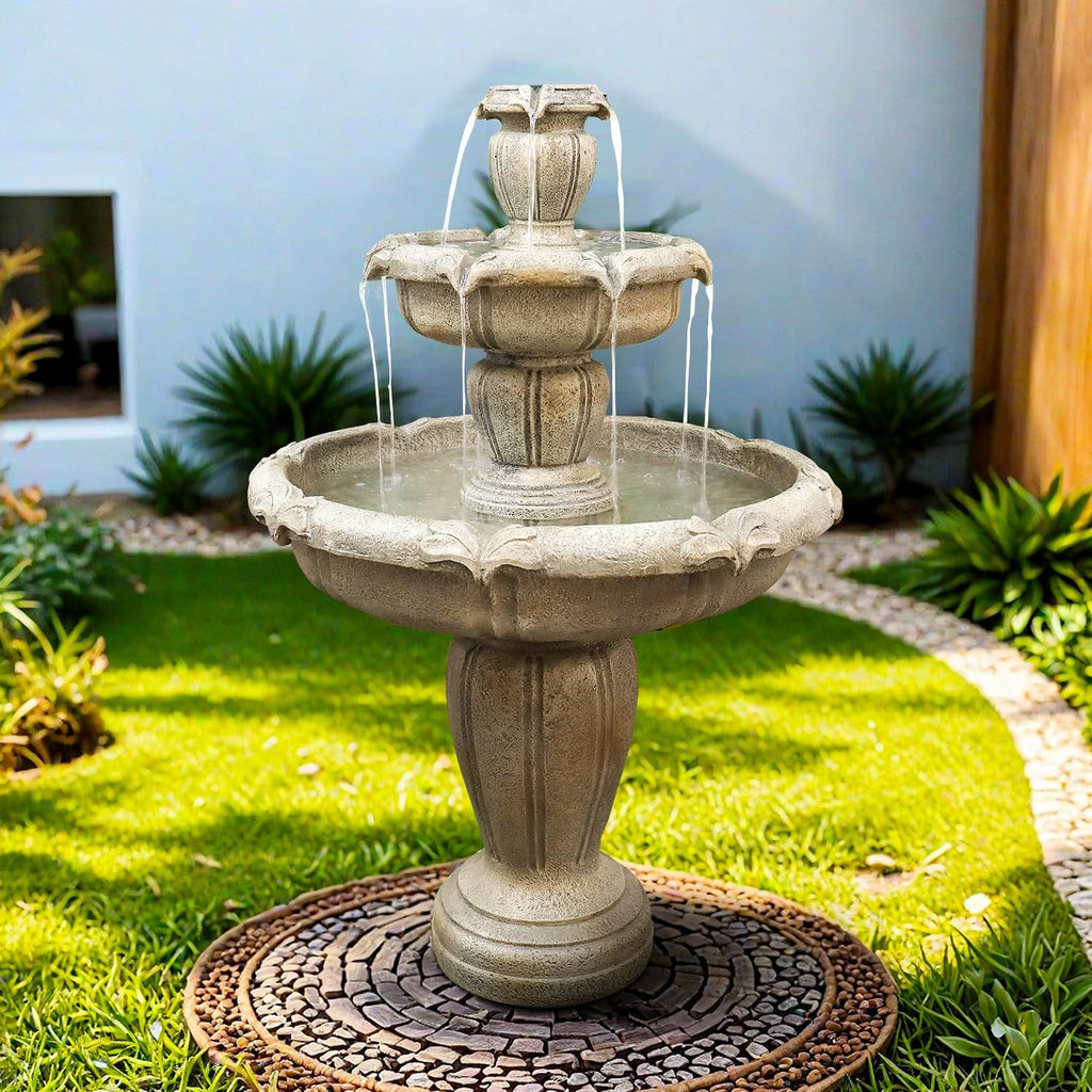 SunJet 48' High Modern Concrete Outdoor Water Fountain - 3 Tiered Large Floor Water Fountain and Waterfalls with Electric Pump for Garden, Patio, Yard, and Deck Decor, Featuring Natural Stone Look