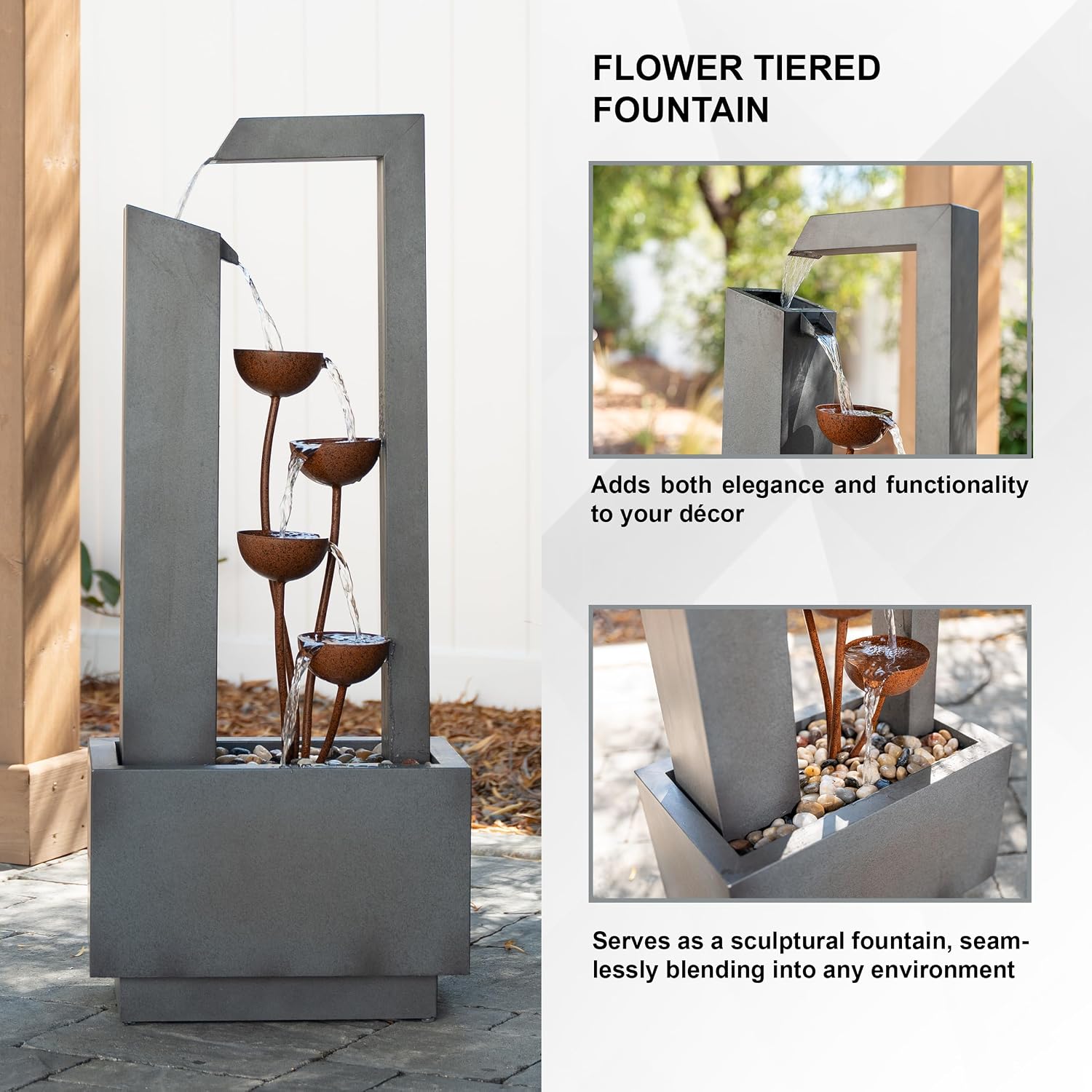 XBrand 38-Inch Freestanding Sculptural Metal Multi-Tier Flower Water Fountain, Gray and Bronze