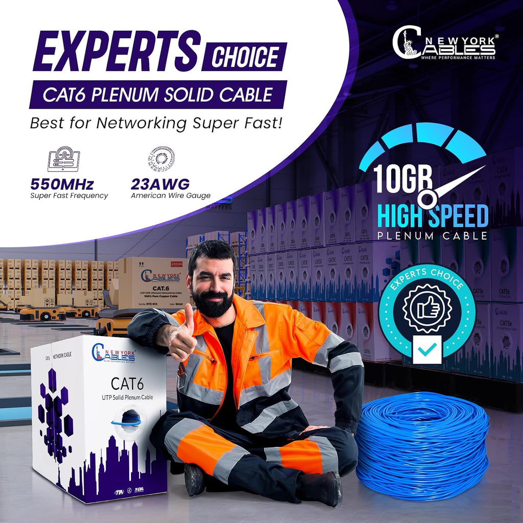 Newyork Cables | CAT6 Plenum Cable 1000ft | 23AWG, UTP 4Pairs, 550MHz 10Gbps Most Certified (CMP) Rated | Fire-Retardant Jacket | Bulk Cat 6 Ethernet Cable for Networking (Solid Conductor, Blue)