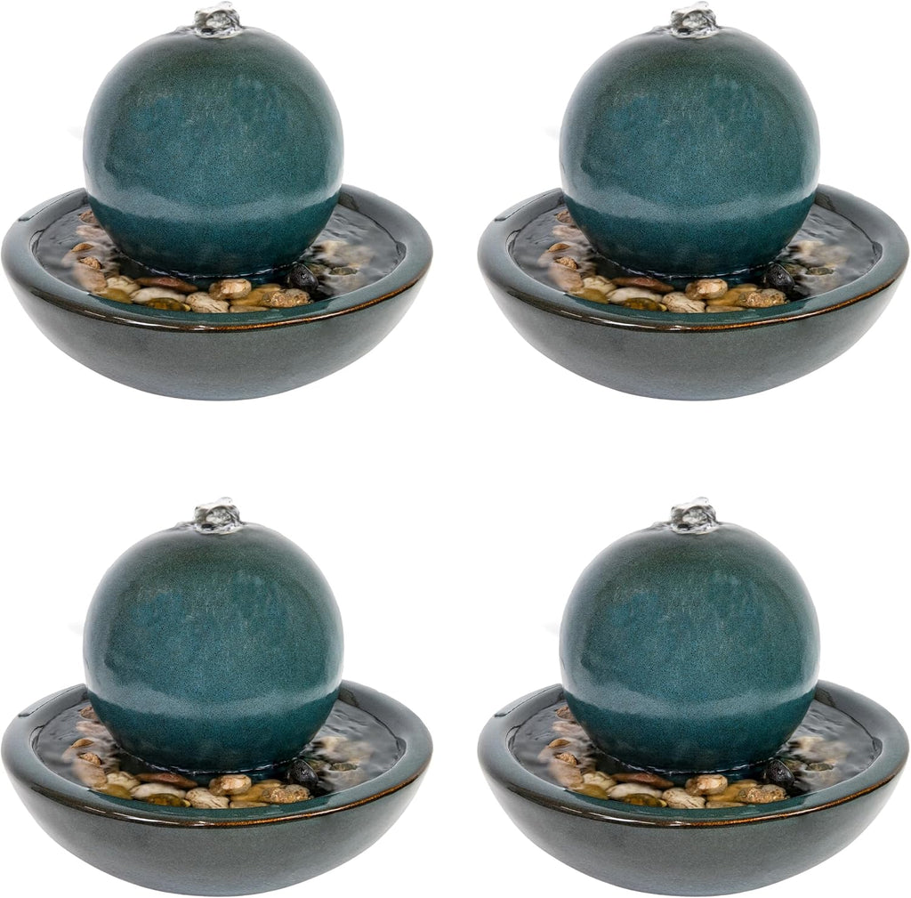 Sunnydaze Tabletop Ceramic Tabletop Fountain with Orb - Relaxing Indoor Fountain for Meditation - for Office, Bedroom, or Living Room - Teal - Set of 4