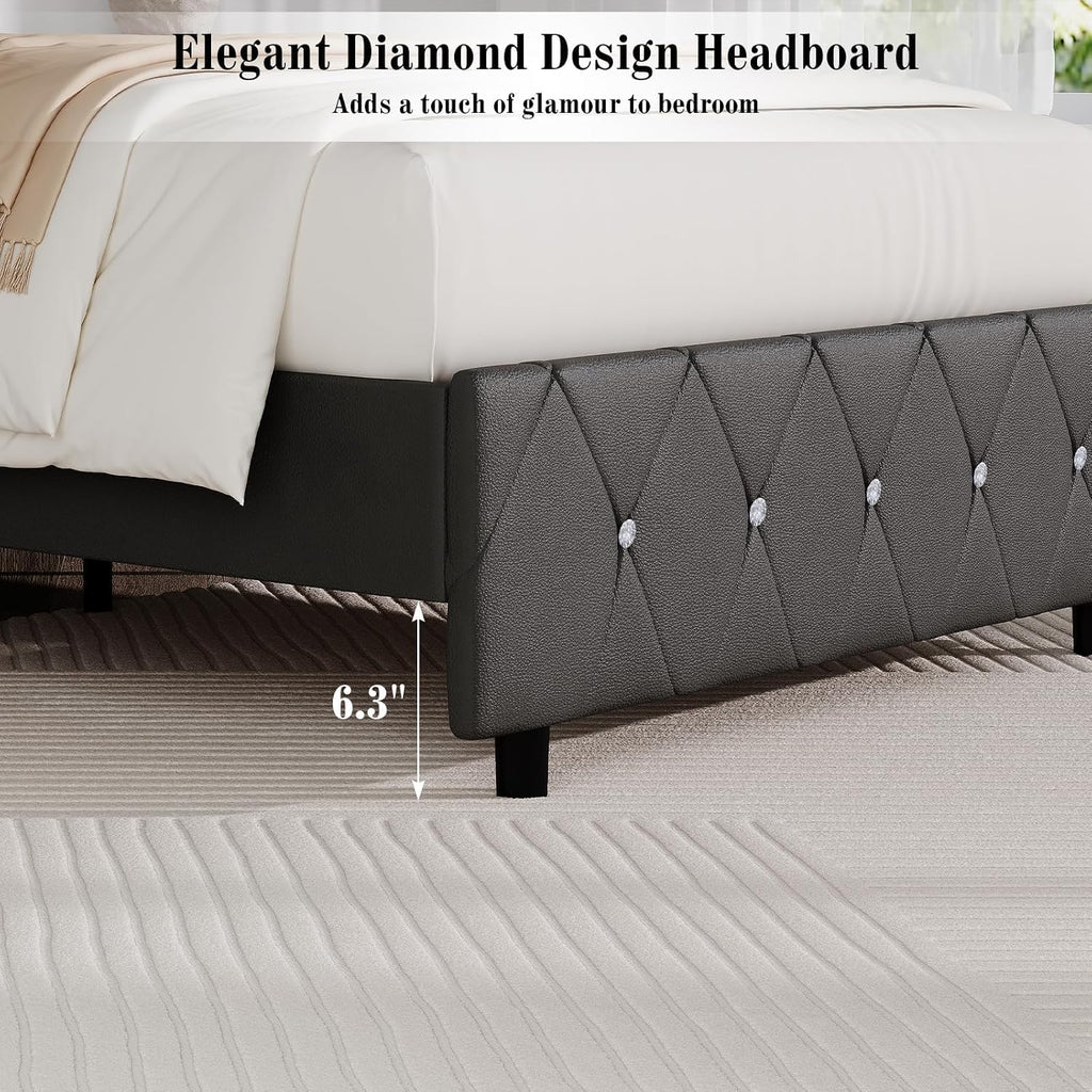 BarnFurin King Bed Frame with Diamond Tufted Headboard, Faux Leather Upholstered Bed with Wooden Slats Support, No Box Spring Needed, Mattress Foundation, Easy Assembly, Gray