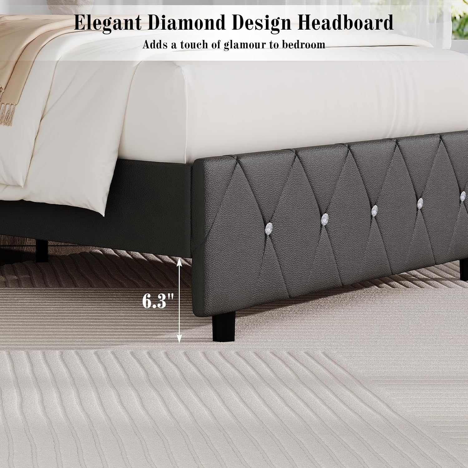 BarnFurin King Bed Frame with Diamond Tufted Headboard, Faux Leather Upholstered Bed with Wooden Slats Support, No Box Spring Needed, Mattress Foundation, Easy Assembly, Gray