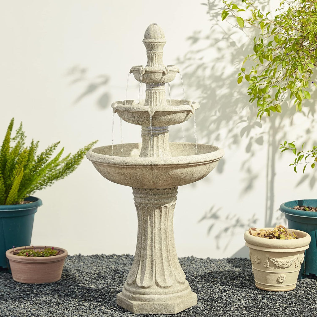 Glitzhome Water Fountain Outdoor Floor-Stand Fountains with LED Light & Pump, Oversized 3 Tier Terrazzo Waterfalls Patio Fountain and Waterfalls Outdoor Yard Fountains for Lawn Garden Backyard Deck