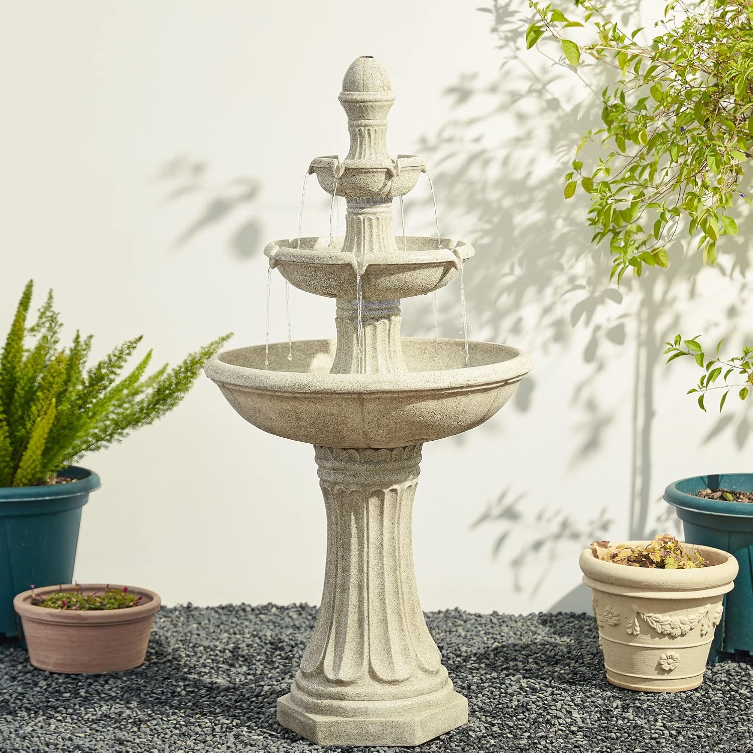 Glitzhome Water Fountain Outdoor Floor-Stand Fountains with LED Light & Pump, Oversized 3 Tier Terrazzo Waterfalls Patio Fountain and Waterfalls Outdoor Yard Fountains for Lawn Garden Backyard Deck