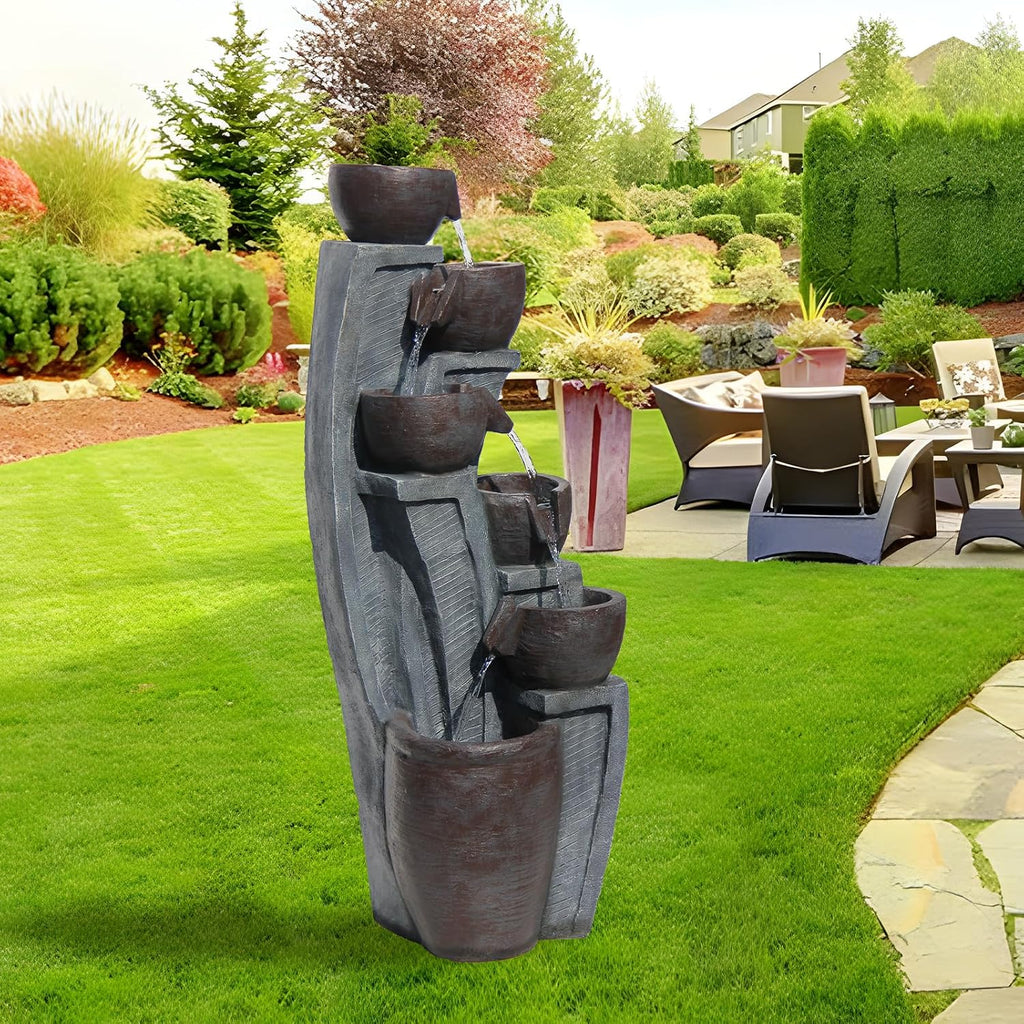 6-Tier Cascading Outdoor Water Garden Fountain 49.61''H Modern Floor-Standing Indoor Waterfall Fountains Bowl and Jar Water Feature with LED Lights for Office Home Art Decor Deck Yard Patio Porch
