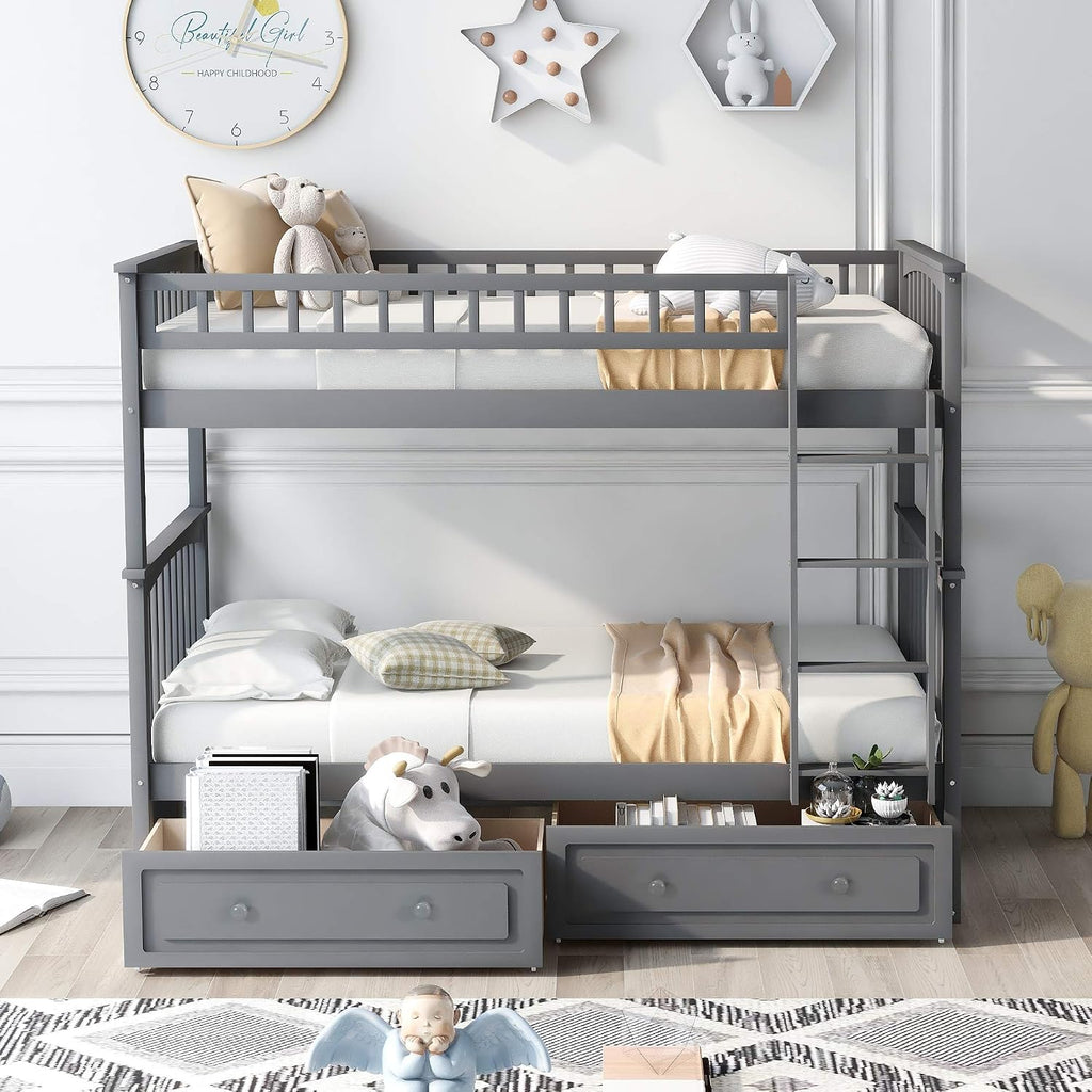 Harper & Bright Convertible Wood Twin-Over-Twin Bunk Bed with Storage Drawers and Ladder - Can Be Divided Into Two Daybeds (Grey)