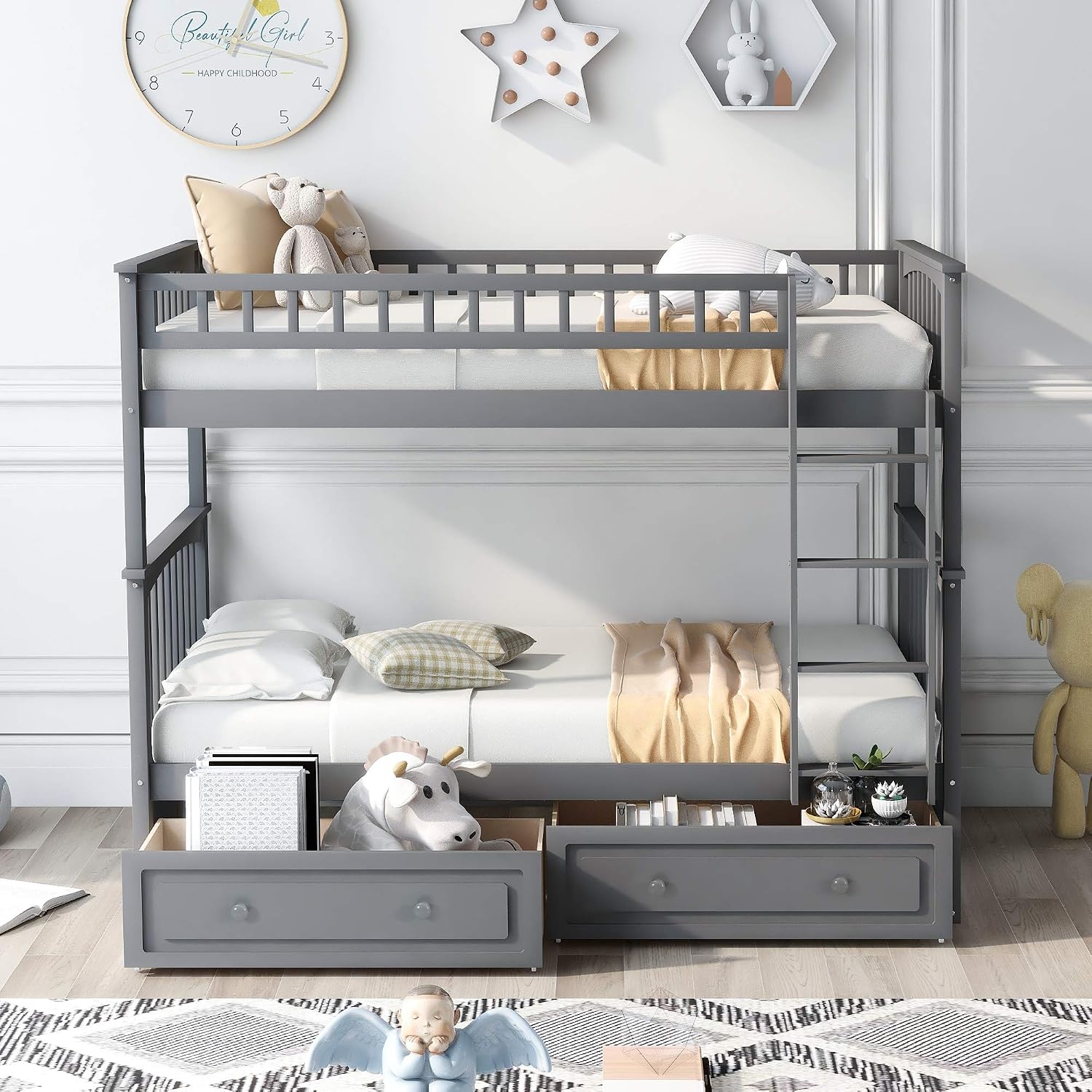 Harper & Bright Convertible Wood Twin-Over-Twin Bunk Bed with Storage Drawers and Ladder - Can Be Divided Into Two Daybeds (Grey)