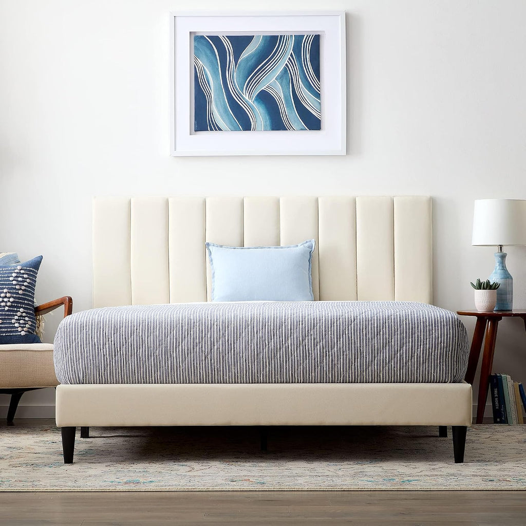 Lucid Twin Bedframe with Vertical Channeled Headboard — Upholstered Platform Bed — Easy Assembly — Twin Size — No Box Spring Needed — Pearl Color