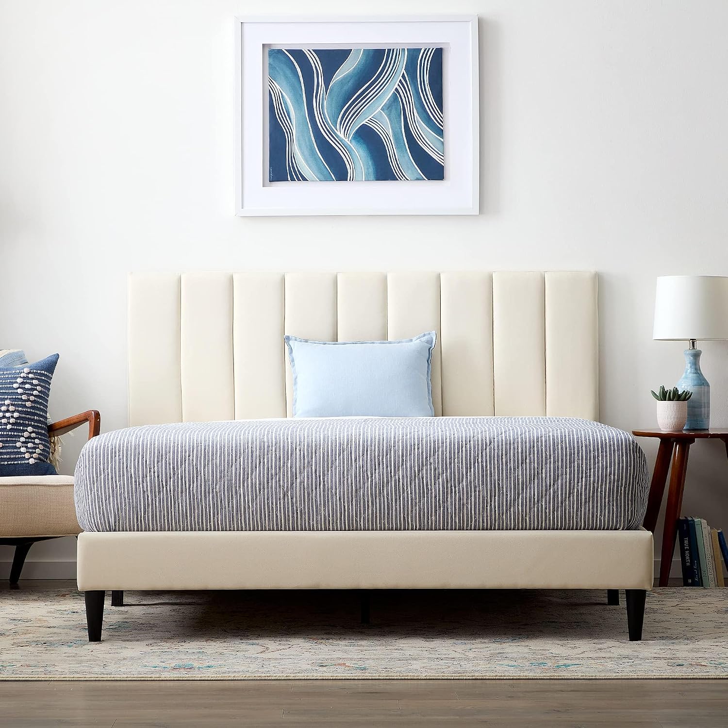 Lucid Queen Bedframe with Vertical Channeled Headboard — Upholstered Platform Bed — Easy Assembly — Queen Size — No Box Spring Needed — Pearl Color