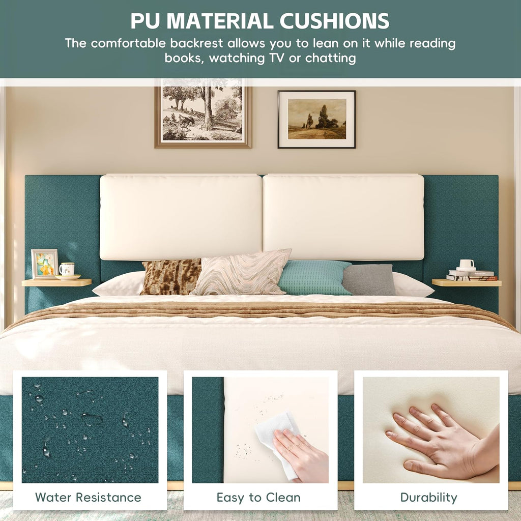 Merax King Size Bed Frame, Linen Upholstered Platform Bed with Large PU Leather Headboard and Shelf, Modern Bedroom Furniture & Solid Wood Slats Support, No Box Spring Needed, Easy Assembly, Green