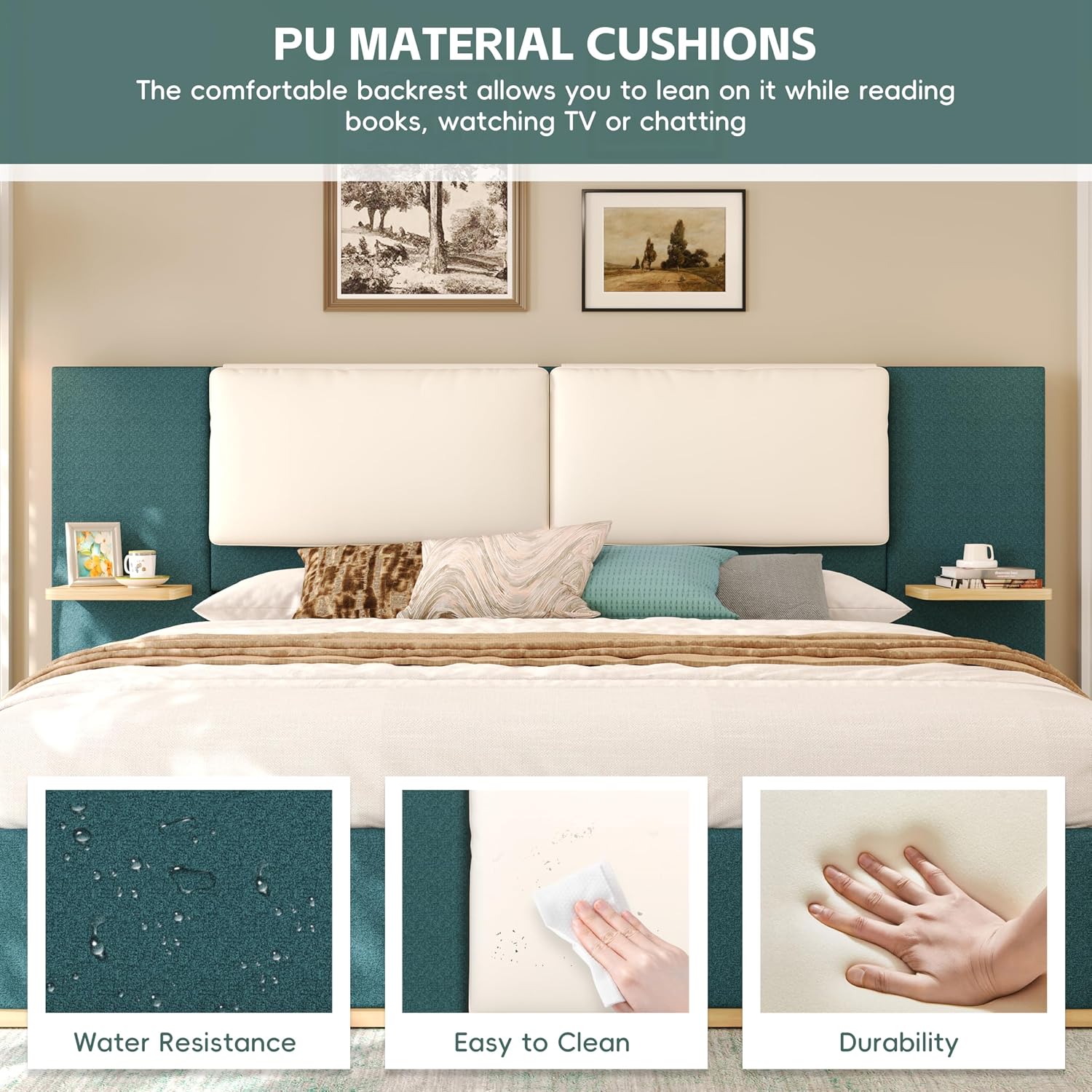 Merax Queen Size Bed Frame, Linen Upholstered Platform Bed with Large PU Leather Headboard and Shelf, Modern Bedroom Furniture & Solid Wood Slats Support, No Box Spring Needed, Easy Assembly, Green
