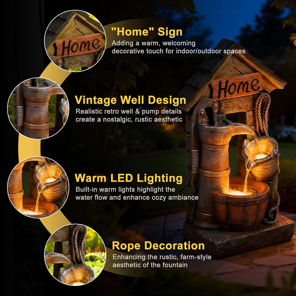 Vintage Country Style Wall-Mounted and Freestanding Outdoor Fountain, 28.7 H Resin Garden Water Feature with Water Well and Wine Barrel for Gardens, Landscaping, Patios, Balconies, Lawns