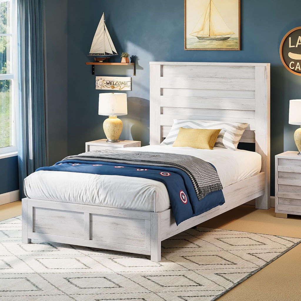 AMERLIFE Farmhouse Twin Bed Frame with 49' Fluted Headboard, Platform Bed with Natural Wood Grain Finish, Noise Free, No Box Spring Needed, Distressed White
