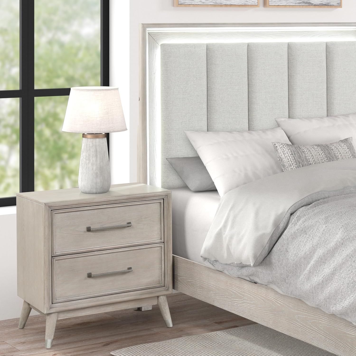 Roundhill Furniture Seluna 5-Piece Bedroom Set with Touch LED Lighting, Gray Oak Finish, Queen