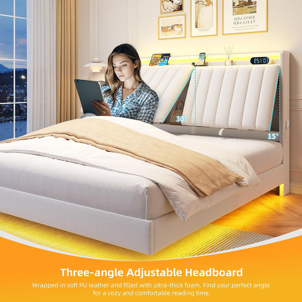 Jocoevol Full Size Floating Bed Frame with Ergonomic Hidden Storage Headboard and LED Lights, Visual Floating LED Bed Frame with Charing Station, Velvet Upholstered Platform Bed, Heavy Duty, White