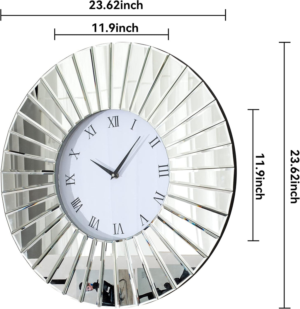 SHYFOY Mirrored Wall Clocks, 24' Decorative Large Clock for Wall Decor, Oversize Glass Wall Clock for Living Room, Big Silver Clock Modern Luxury Home Decor