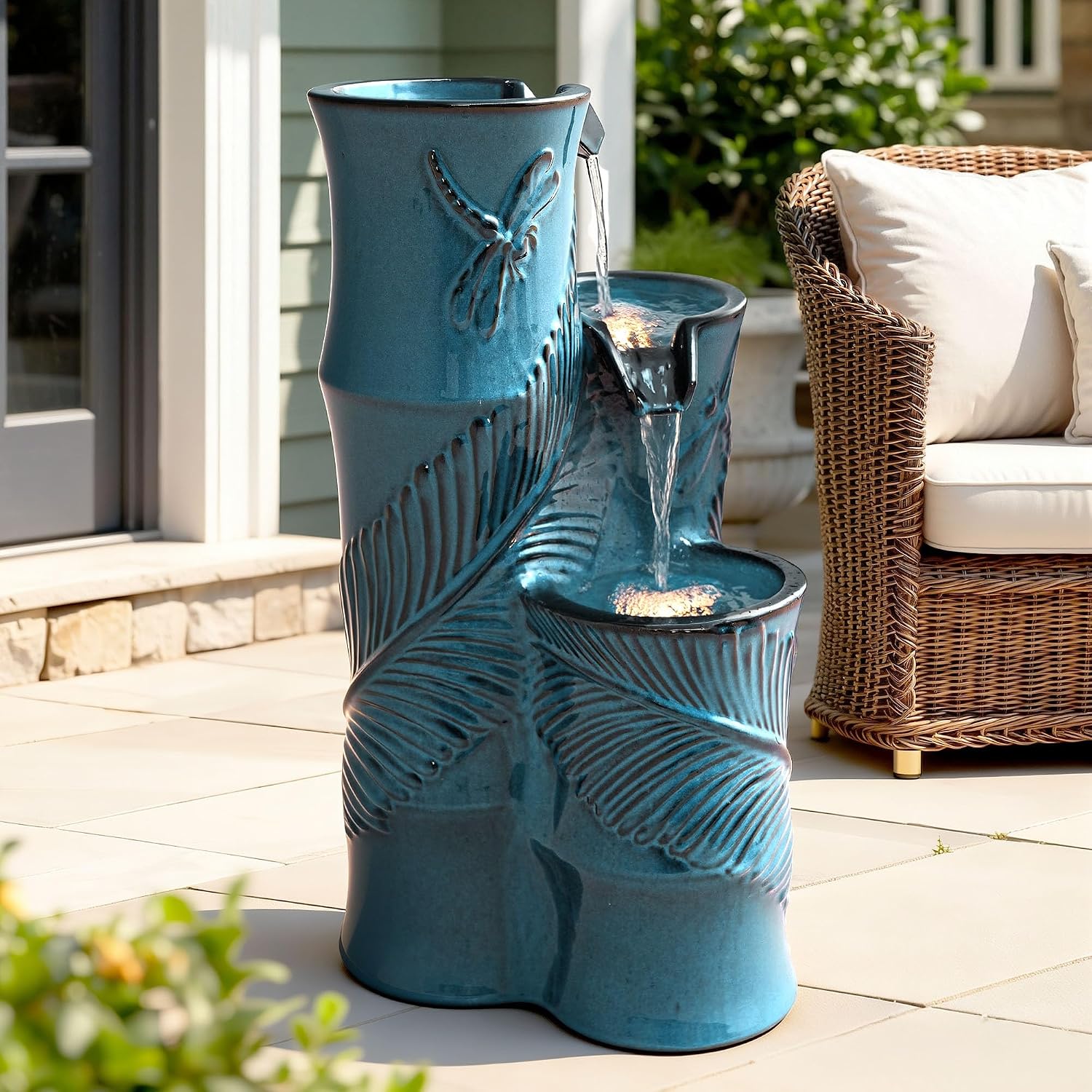 Ceramic Outdoor Water Fountain with LED Lights, 25.5' H 3-Tier Bamboo-Style Water Feature with Tropical Leaf & Dragonfly Texture, Soothing Cascading Waterfall for Garden Patio Yard Oasis