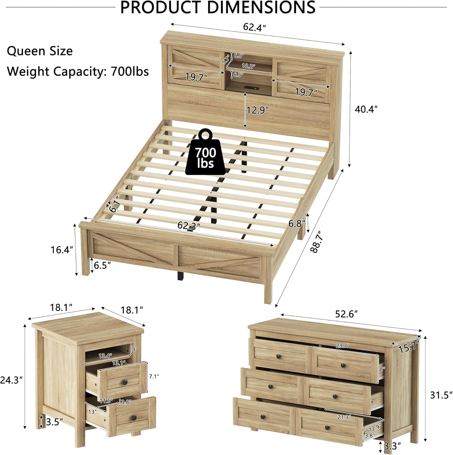 LUMISOL 3 Pieces Bedroom Sets,Farmhouse Platform Bed with Storage Nightstand and Dresser, Queen Size Bed Frame with Storage Headboard and Charging Station, Natural