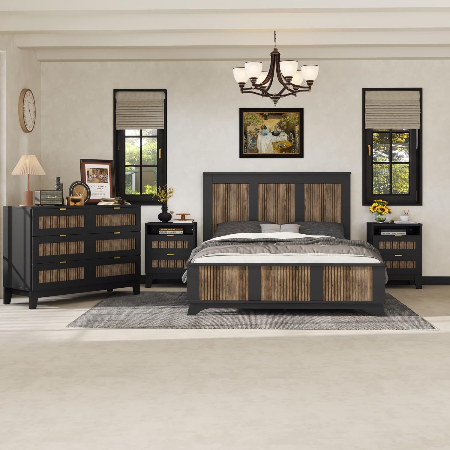 4-Pieces Bedroom Sets, Queen Size Farmhouse Platform Bed with Wooden Strip Decoration, 2 Storage Nightstands and A 6-Drawer Dresser with Metal Handle for Kids Teens, Black