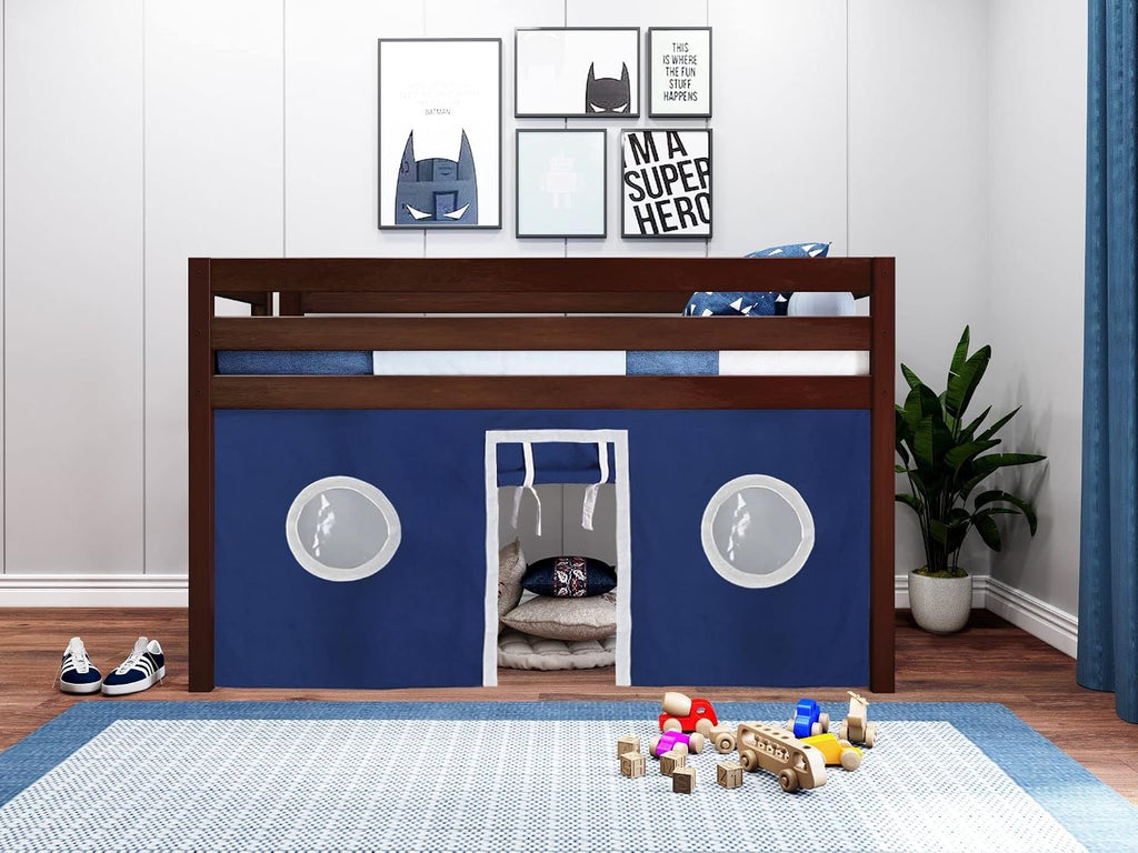 Jackpot! Contemporary Low Loft Twin Bed with End Ladder, Cherry with Blue & White Tent