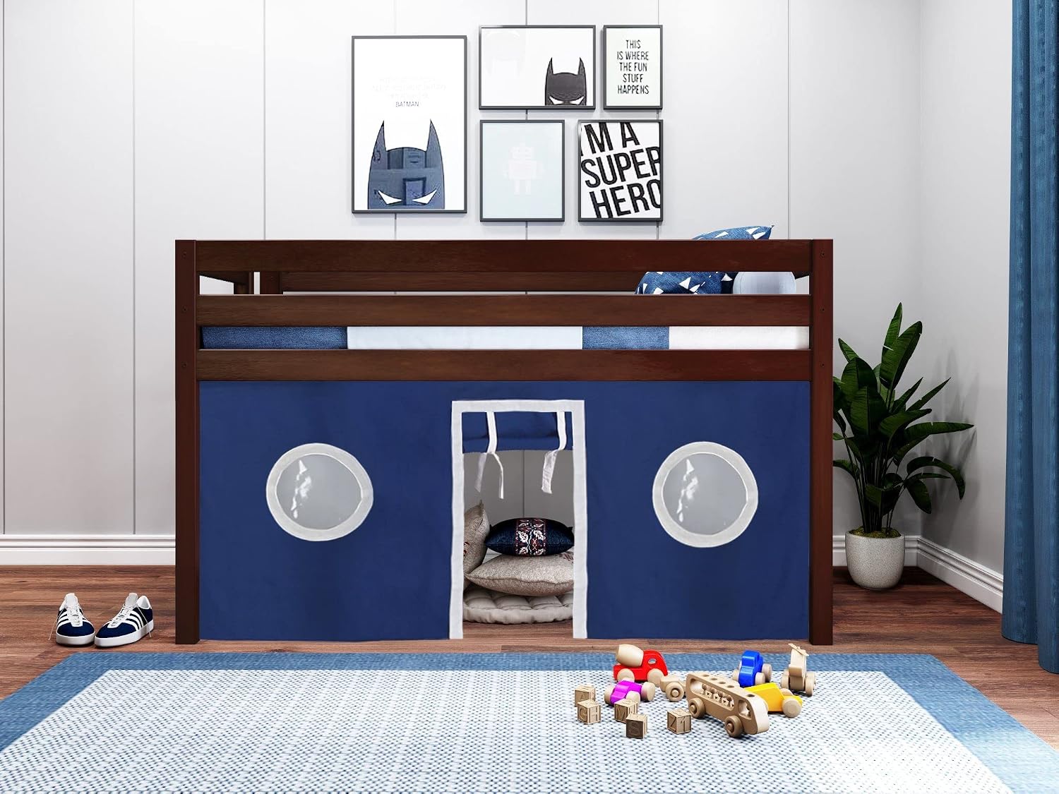 Jackpot! Contemporary Low Loft Twin Bed with End Ladder, Cherry with Blue & White Tent