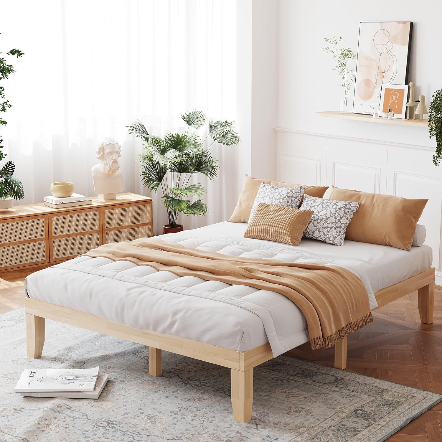 Giantex 14 Inch Queen Wood Platform Bed Frame, Minimalist Mattress Foundation with Solid Rubber Wood, Heavy Duty Slat Support, Without Headboard, Easy Assembly, No Box Spring Needed, Natural