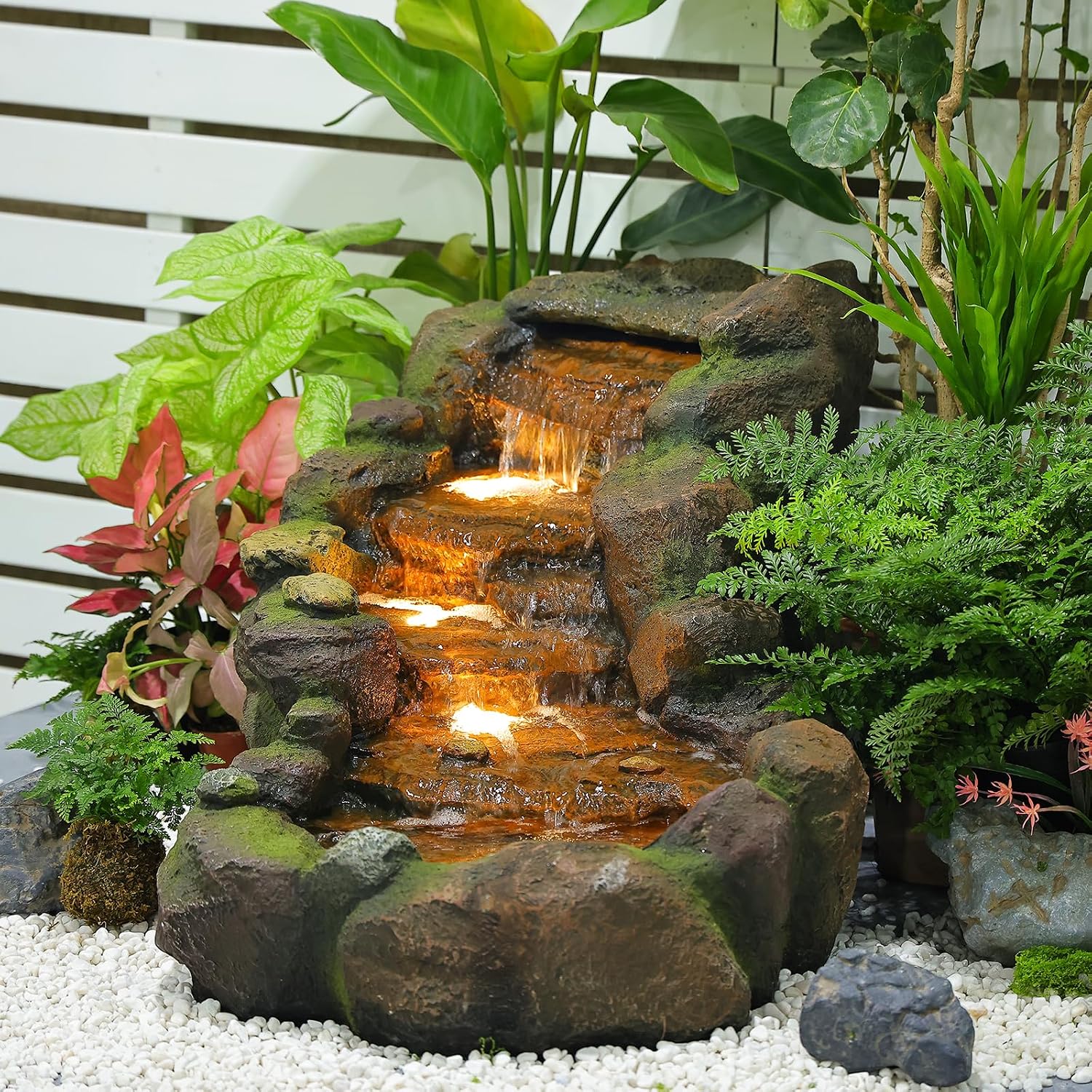 Bumilgar Garden Outdoor Water Fountain, 42.1' L Floor Standing Tiered Rock Outdoor Fountains with LED Lights and Pump for Garden, Backyard, Deck, Patio, Porch and Home Art Decor