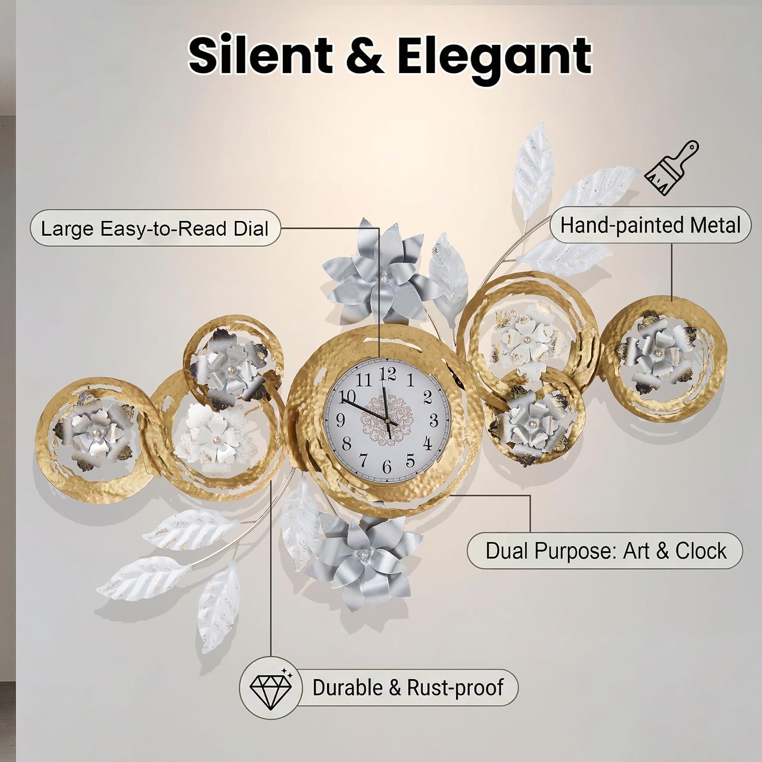 Large 3D Metal Wall Decor Vintage Gold Abstract Circular Exquisite Clocks And Black And White Gradient Metal Floral Wall Art Are Suitable For Aesthetic In Living rooms Bedrooms Kitchens And Offices