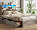 AOGLLATI Twin Bed with Storage Bookcase Headboard and 4 Drawers,Wooden Farmhouse Twin Bed Frame with Charging Station, Led Lights & Metal Slats,Grey