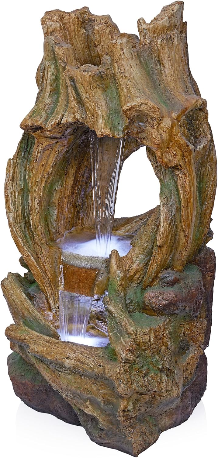 Alpine Corporation 40' Tall Open Tree Trunk Floor Fountain with Cool White LED Lights, Tiered Garden Decor, Brown
