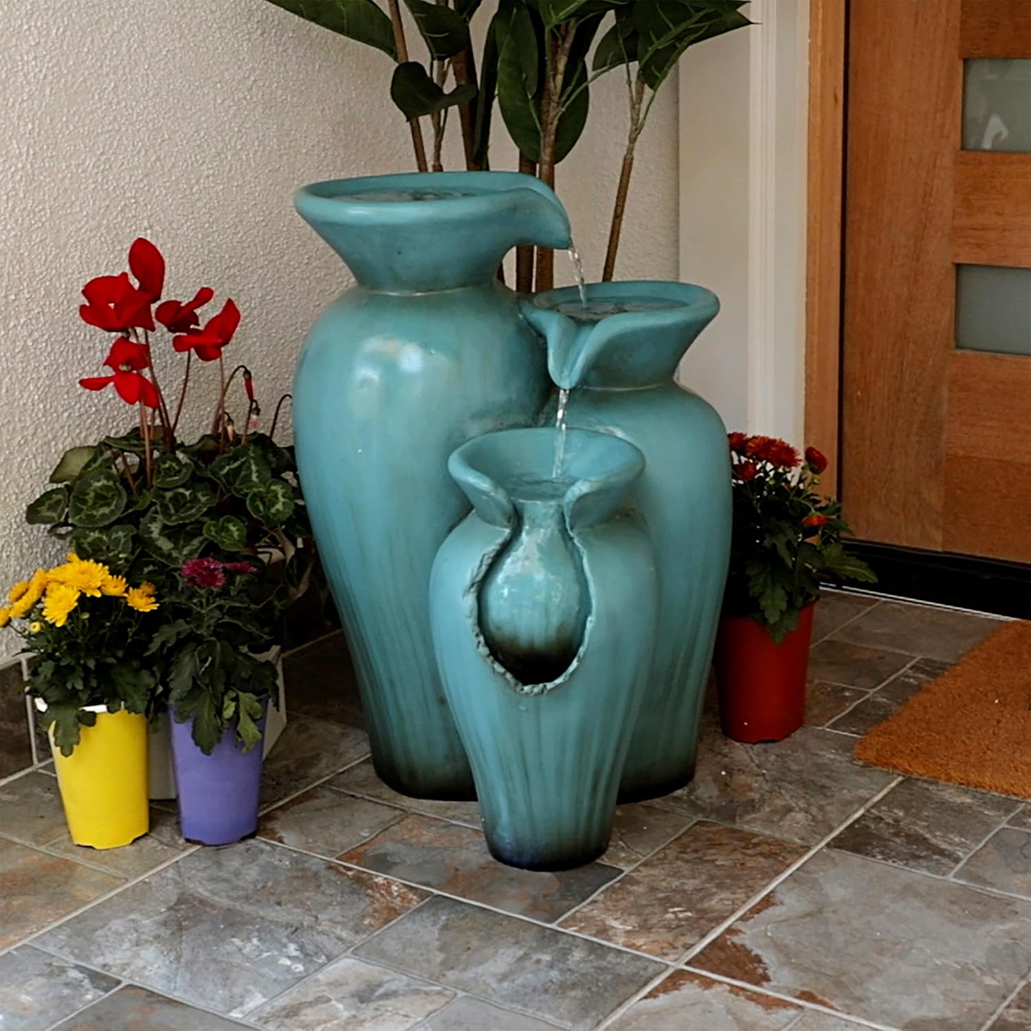 Alpine Corporation DIG246TUR 21' Outdoor 3-Tiered Pots Water Fountain – Cascading Ceramic Water Feature with Built-In Pump for Gardens, Patios, Yards, and Outdoor Décor, Turquoise