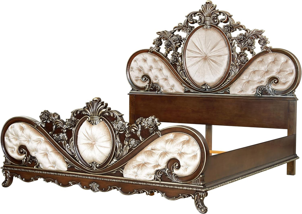 Acme Devany Wood & Fabric Upholstered Queen Bed in Cream and Cherry