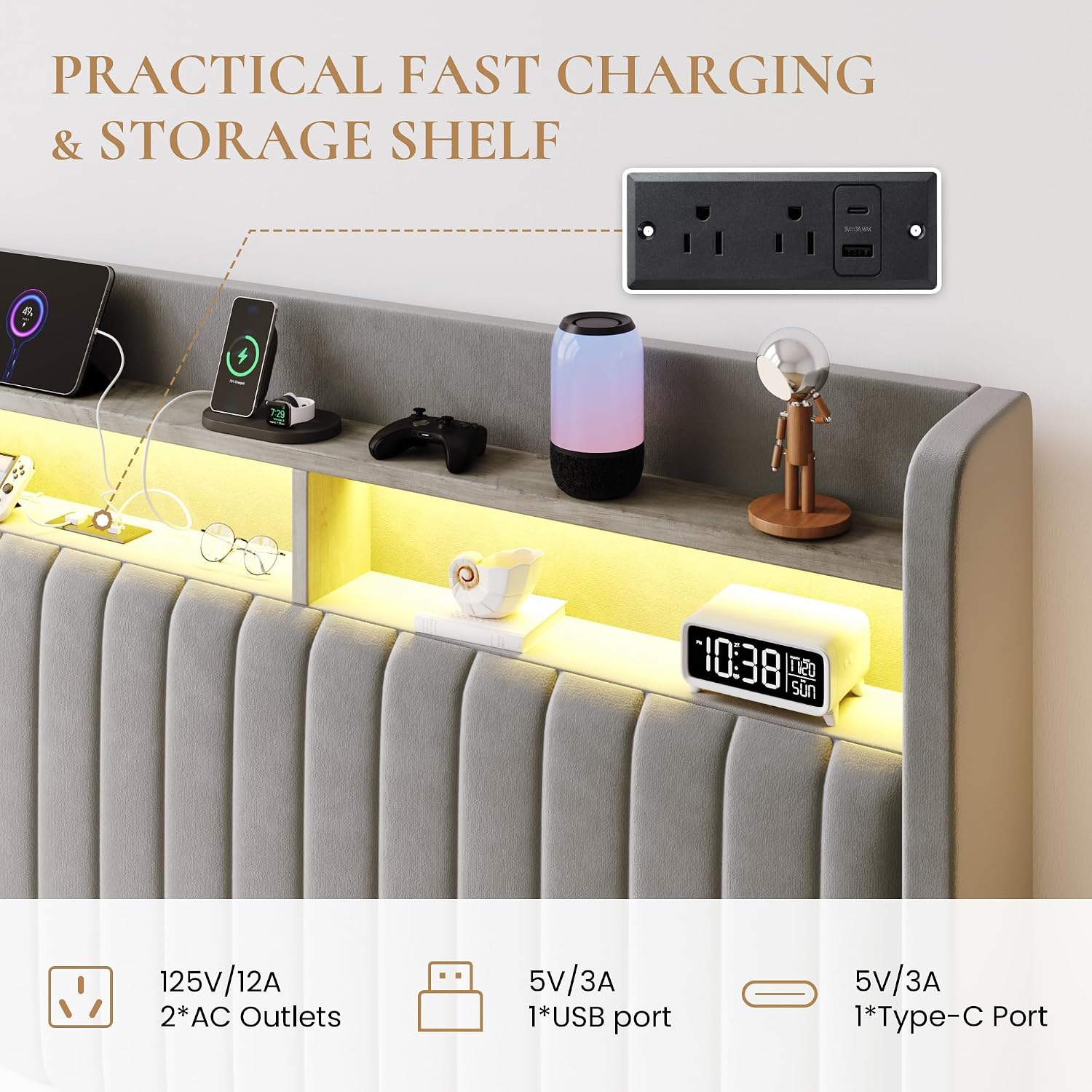 SHA CERLIN King Size Lift Up Storage Bed Frame/LED Lights/Charging Station/2-Tier Shelves Headboard/USB,Type-C Ports/Velvet Upholstered/Hydraulic Support/No Box Spring Needed/Noise Free/Gray