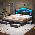 King Bed Frame with 6 Storage Drawers, Platform Bed Frame King Size with Headboard, LED Lights&Charging Station, King Bed with Metal Support, Noise-Free, No Box Spring Needed, Easy Assembly, PU Black