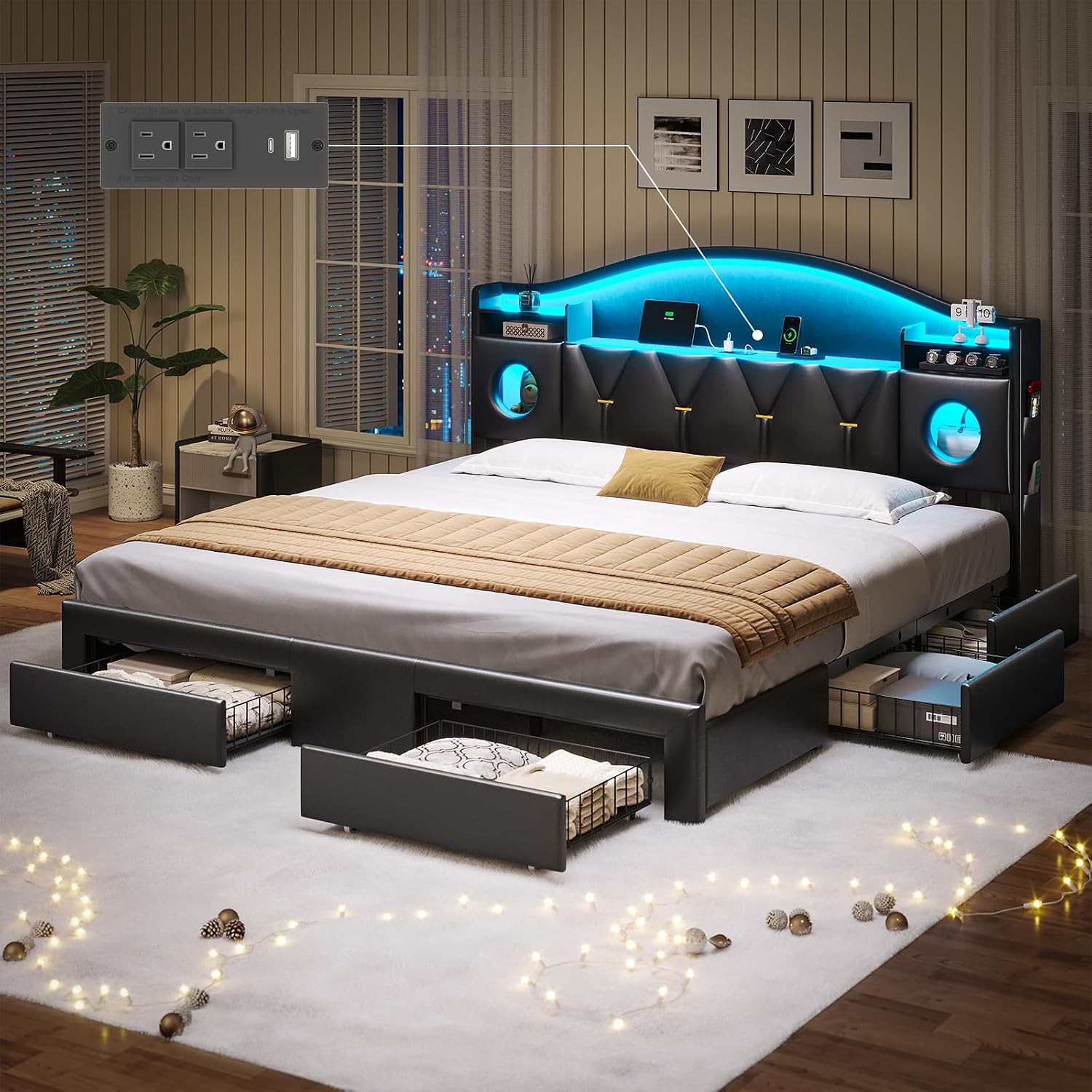 King Bed Frame with 6 Storage Drawers, Platform Bed Frame King Size with Headboard, LED Lights&Charging Station, King Bed with Metal Support, Noise-Free, No Box Spring Needed, Easy Assembly, PU Black