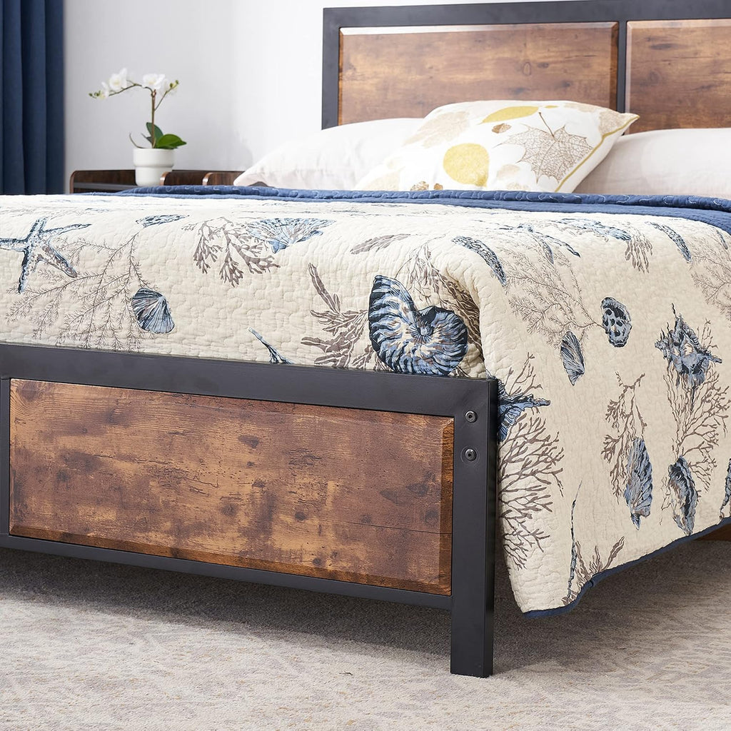 VECELO Queen Platform Bed Frame/Mattress Foundation with Rustic Vintage Wood Headboard, Strong Metal Slats Support, No Box Spring Needed