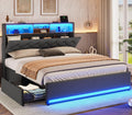 BTHFST Queen Bed Frame with Hidden Storage Headboard & 4 Drawers, LED Bed Frame Queen Size with Charging Station, Upholstered Metal Bed, No Box Spring Needed, Dark Grey