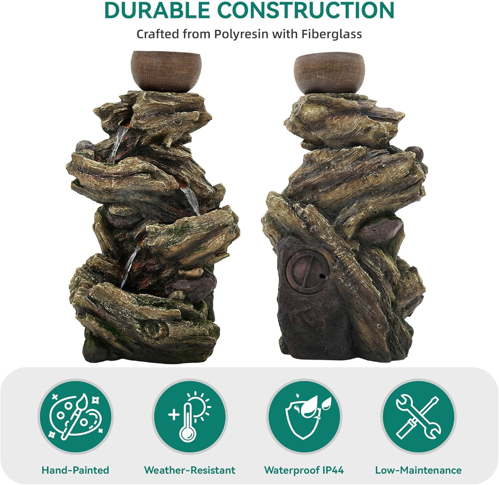 33' Rustic Tree Trunk Outdoor Water Fountain with Planters, Handcrafted 5-Tier Cascading Water Feature with Moss & LED Lights, Relaxing Tranquil Decor for Garden Yard Patio Porch
