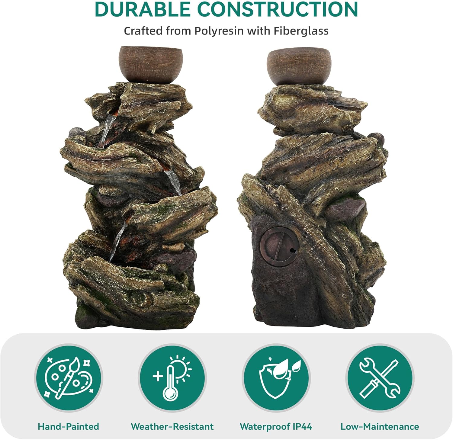 33' Rustic Tree Trunk Outdoor Water Fountain with Planters, Handcrafted 5-Tier Cascading Water Feature with Moss & LED Lights, Relaxing Tranquil Decor for Garden Yard Patio Porch