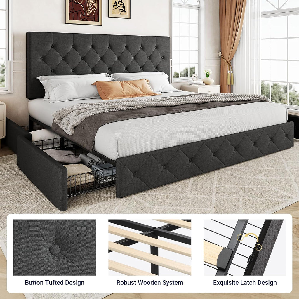 Allewie Upholstered King Size Platform Bed Frame with 4 Storage Drawers and Headboard, Diamond Stitched Button Tufted, Mattress Foundation with Wooden Slats Support, No Box Spring Needed, Dark Grey