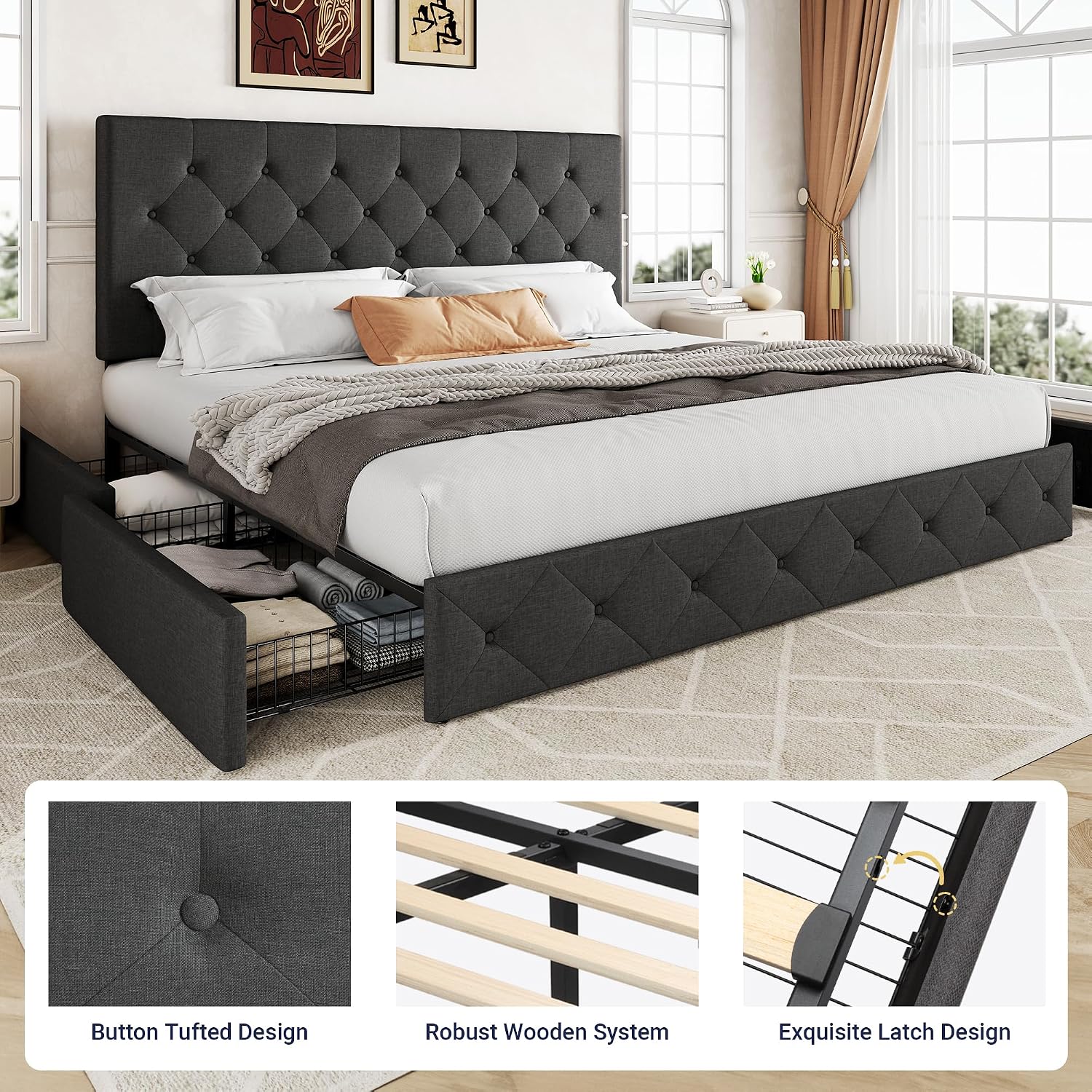 Allewie Upholstered King Size Platform Bed Frame with 4 Storage Drawers and Headboard, Diamond Stitched Button Tufted, Mattress Foundation with Wooden Slats Support, No Box Spring Needed, Dark Grey