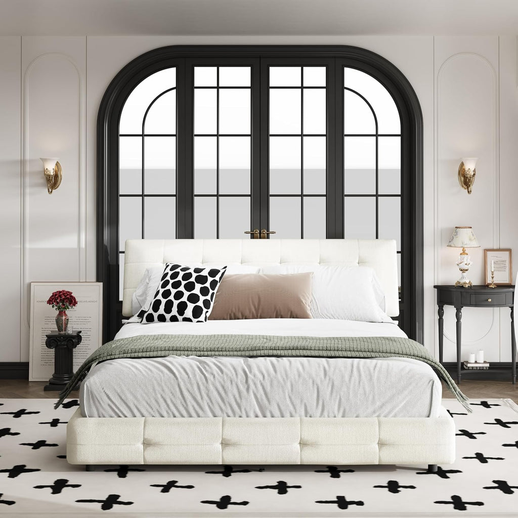 Queen Size Platform Bed Frame, Tufted Headboard with Extra-Large Ultra-Soft Cloud Pillow Design, Chenille Platform Bed with Metal and Wooden Slats Double Support, No Box Spring Needed (Beige-Queen,7)